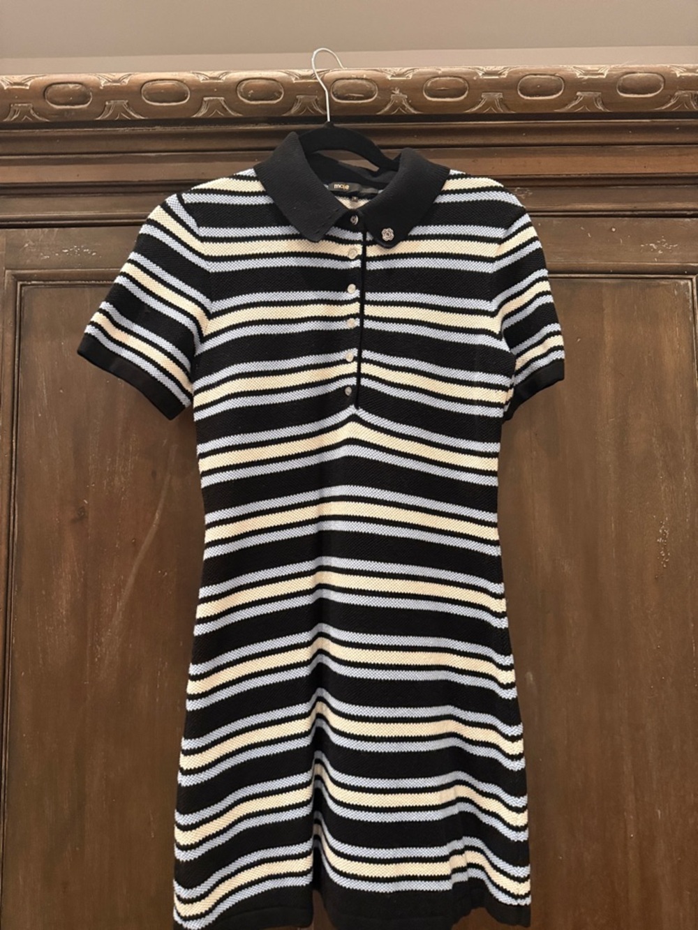Maje Black, White & Cream Striped Polo Knit Dress